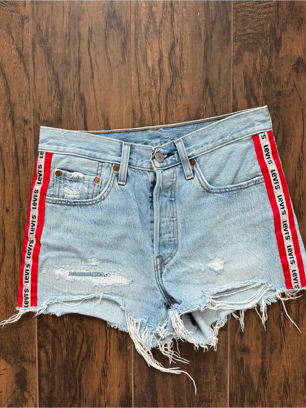 Levis Premium Womens 501 Jean Cut Off Shorts Logo Striped Button Fly Size 26